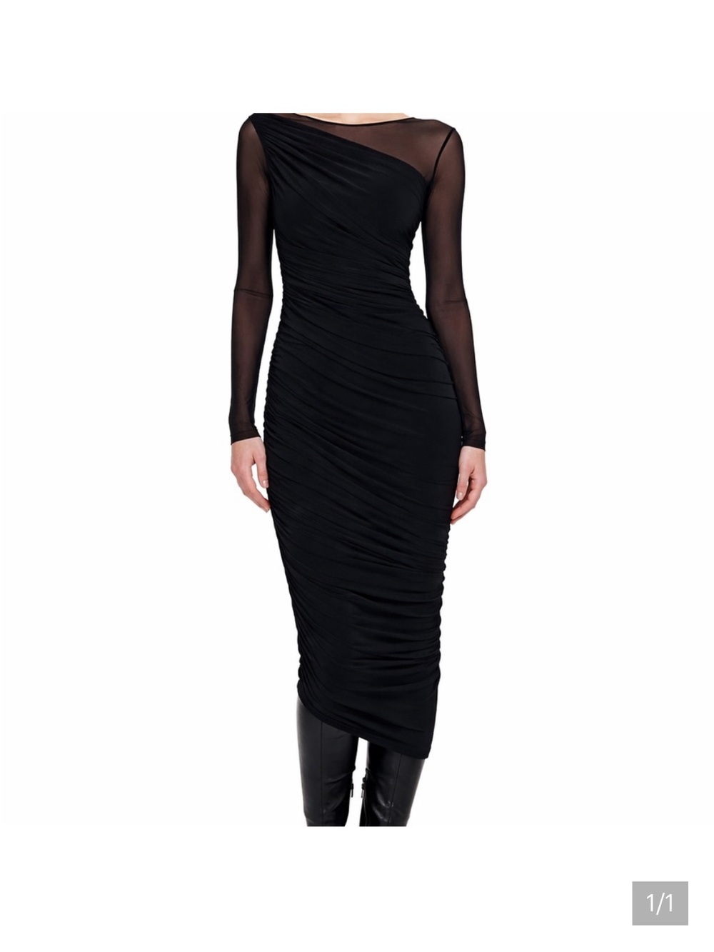Norma Kamali Black Sheer Ruched Long-Sleeve Midi Diana Dress